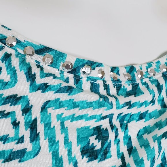 Ruby Red Women's Teal 3/4 Sleeve Jeweled Neckline Printed Top SZ PXL - Picture 6 of 8